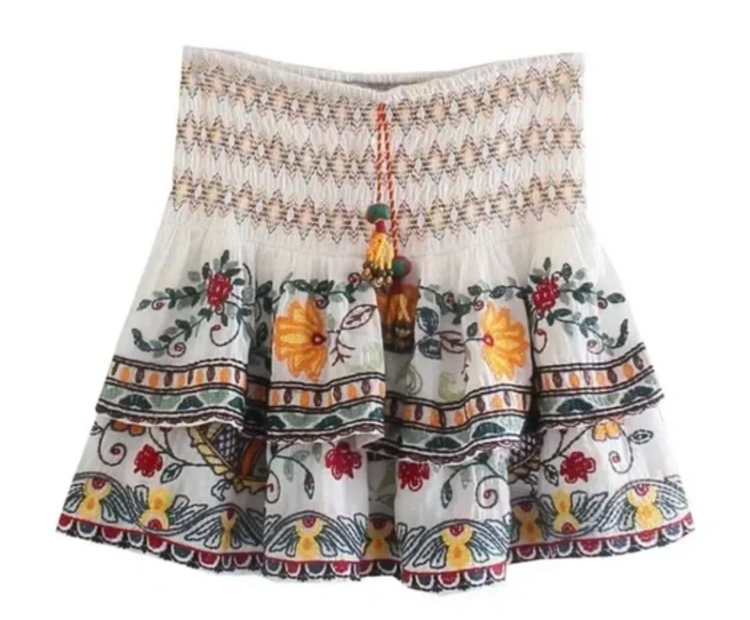 Boho Embroidered Flared 2 Piece Cotton Floral - Small