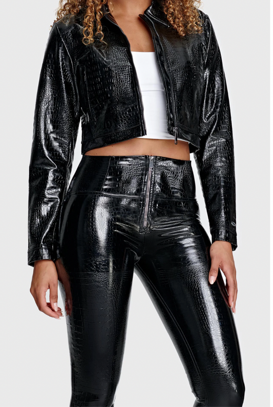 Crocodile ( Faux ) Skin Crop Black Jacket