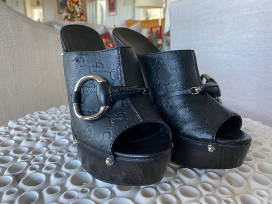 Gucci Black Leather Peeptoe Clogs w Silver Buckle - 10 - 10.5 US