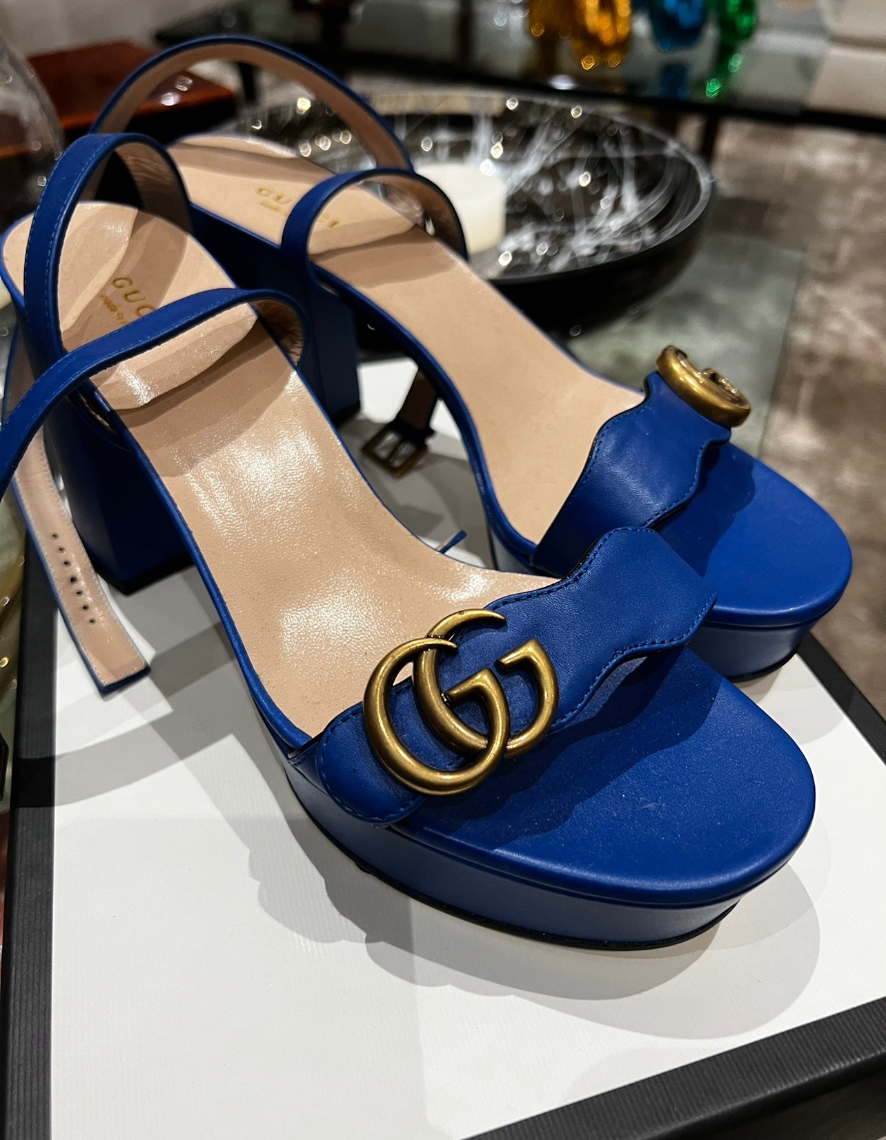 A. Blue Gucci Platform Ankle Straps - size 10 (40)
