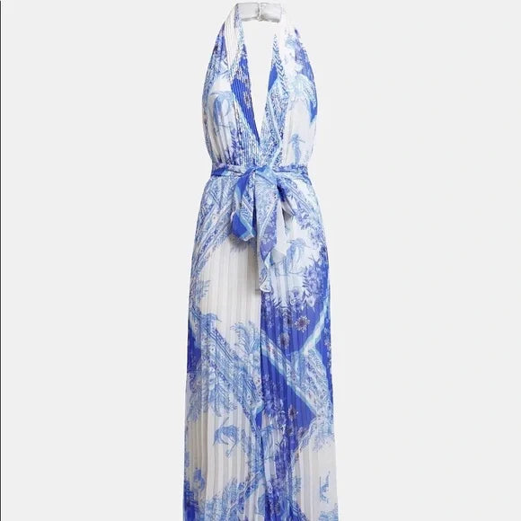 Guess By Marciano Forever Pleated Halter Sleeveless Wide Leg Jumpsuit